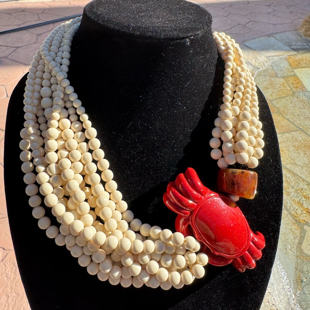 🦀 Rare Vintage Multi-Strand Angela Caputi Coral Crab Necklace, Florence, Italy